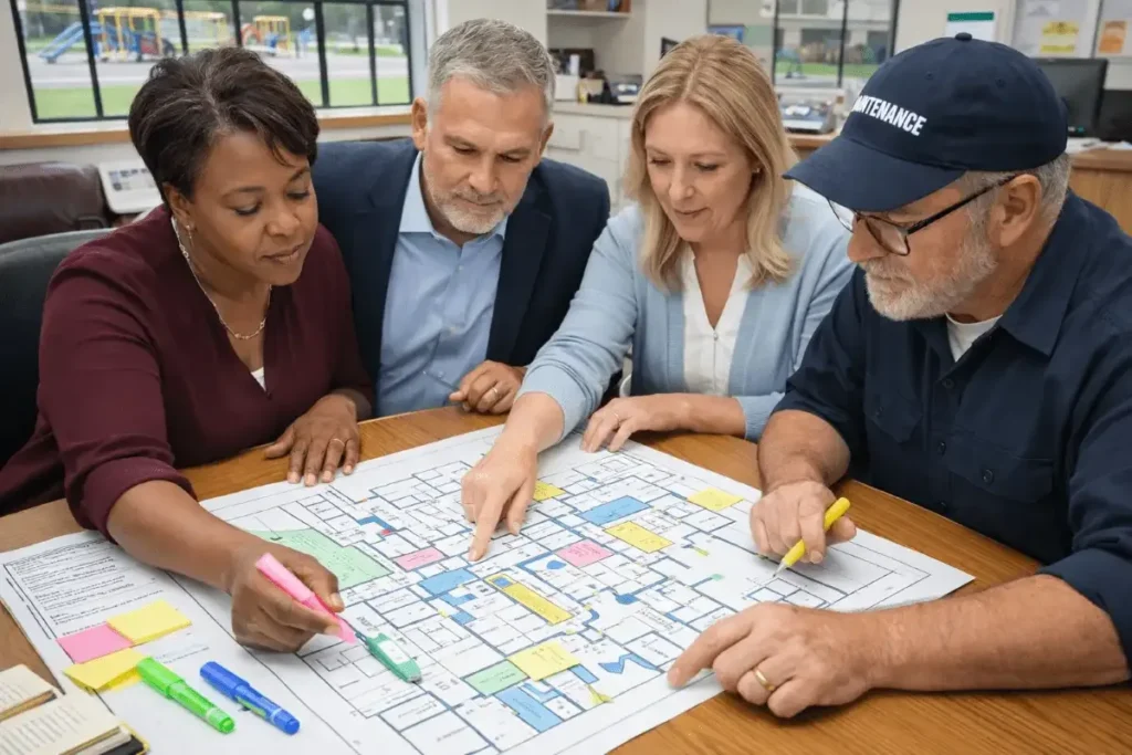 budget conscious school safety planning team reviewing campus floor plan and prioritizing security upgrades