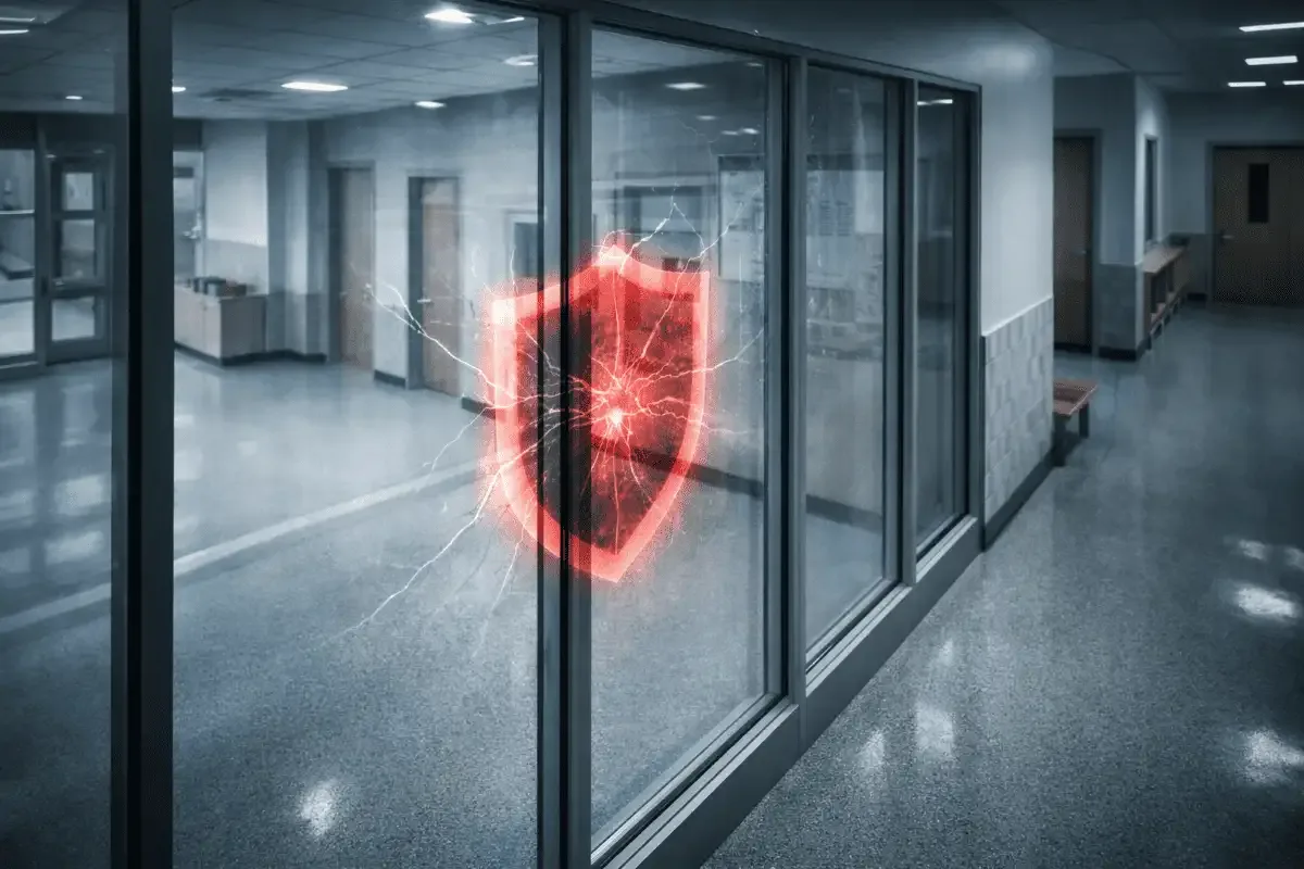 School safety and security risk shown through cracked school glazing near an entry boundary