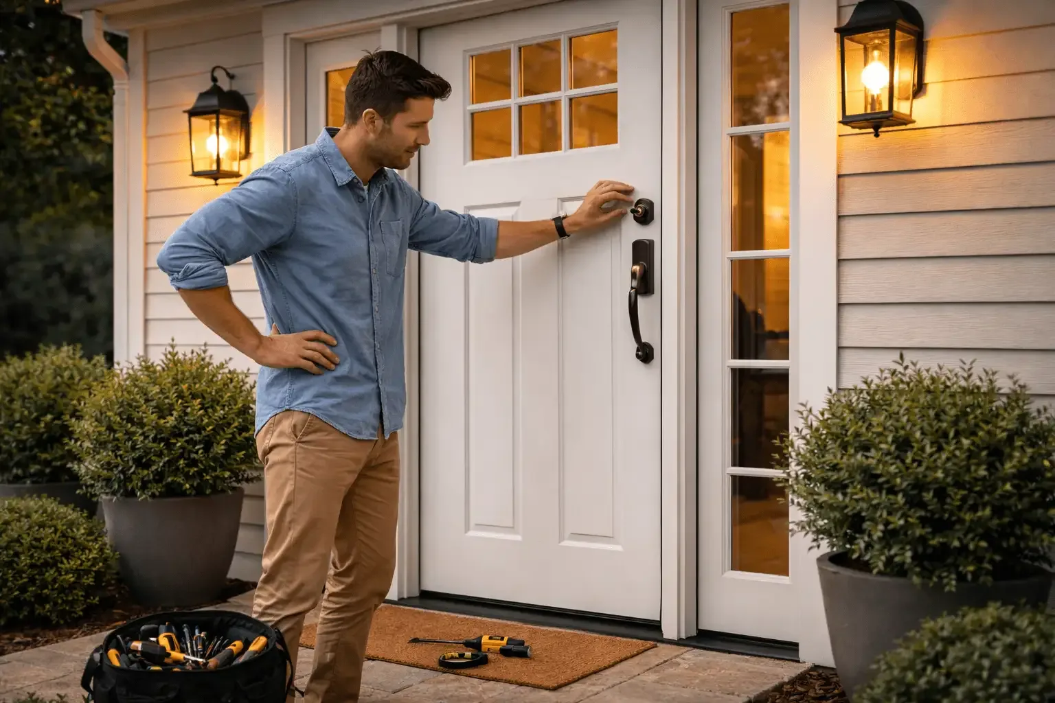 First line of defense for your home shown through front door hardware inspection and entry-point reinforcement