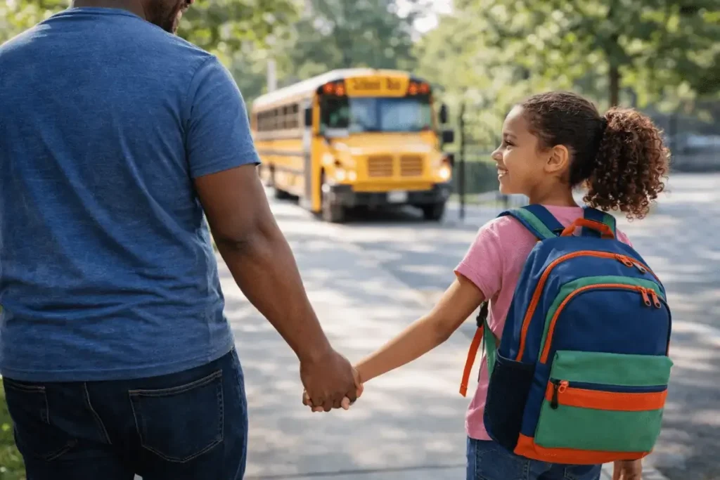 How Parents Can Reinforce School Safety Lessons at Home 4 Parent walking child to school and reinforcing school safety lessons at home through routines and calm preparation